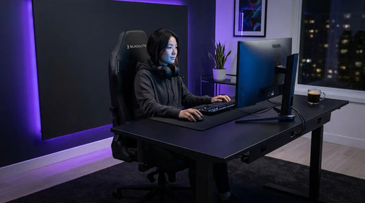 Gamer seated in a leather gaming chair at a moody RGB battlestation — ergonomic lumbar support for long gaming sessions