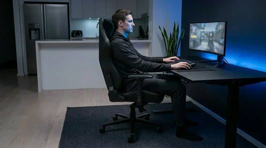 Tall gamer seated upright in an ergonomic gaming chair, feet flat — lumbar and headrest support for long gaming sessions