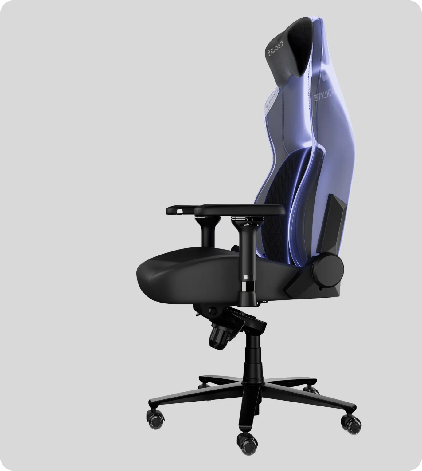 Blacklyte Kraken Pro gaming chair for easing lower-back tension and fatigue with a curved backrest and dynamic lumbar support