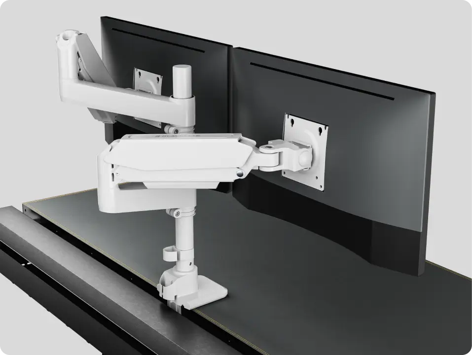 White dual monitor desk arm
