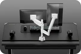 White dual monitor arm for standing desk