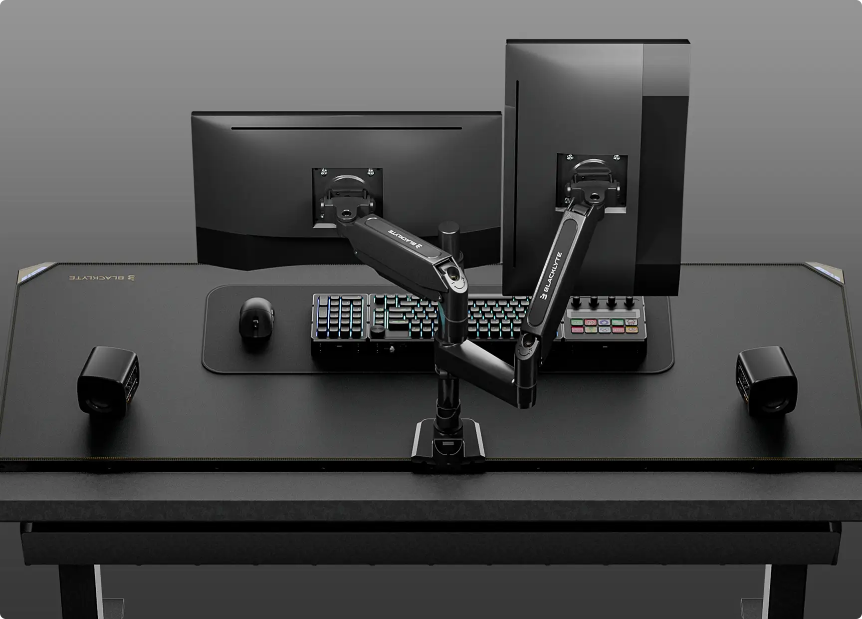 Atlas dual monitor arm for Blacklyte electric gaming desk